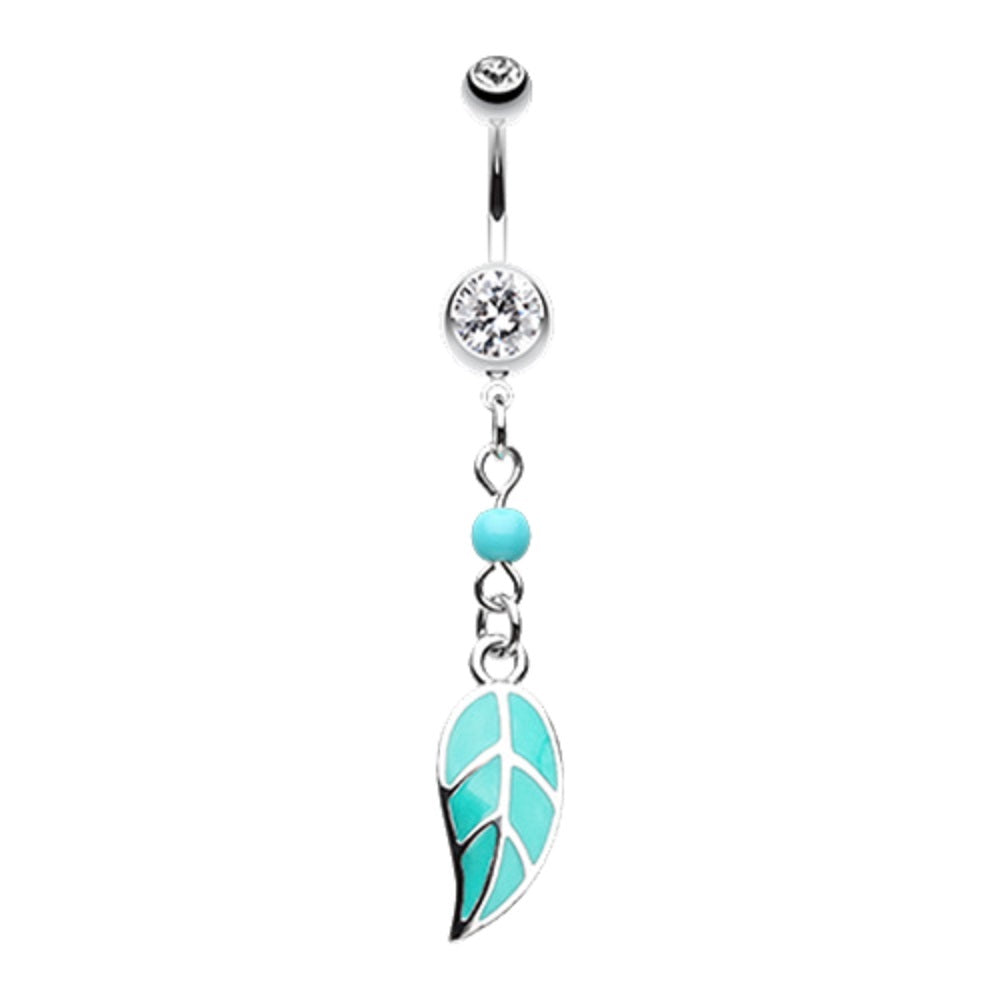 Boho CZ Crystal Turquoise Leaflet Dangle Belly Button Ring - Stainless Steel