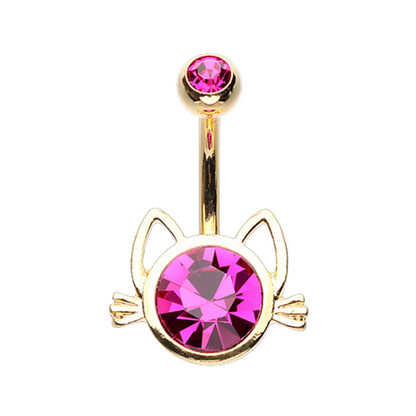 Cute Kitty Cat Face Silhouetted CZ Belly Button Ring
 - 316L Stainless Steel