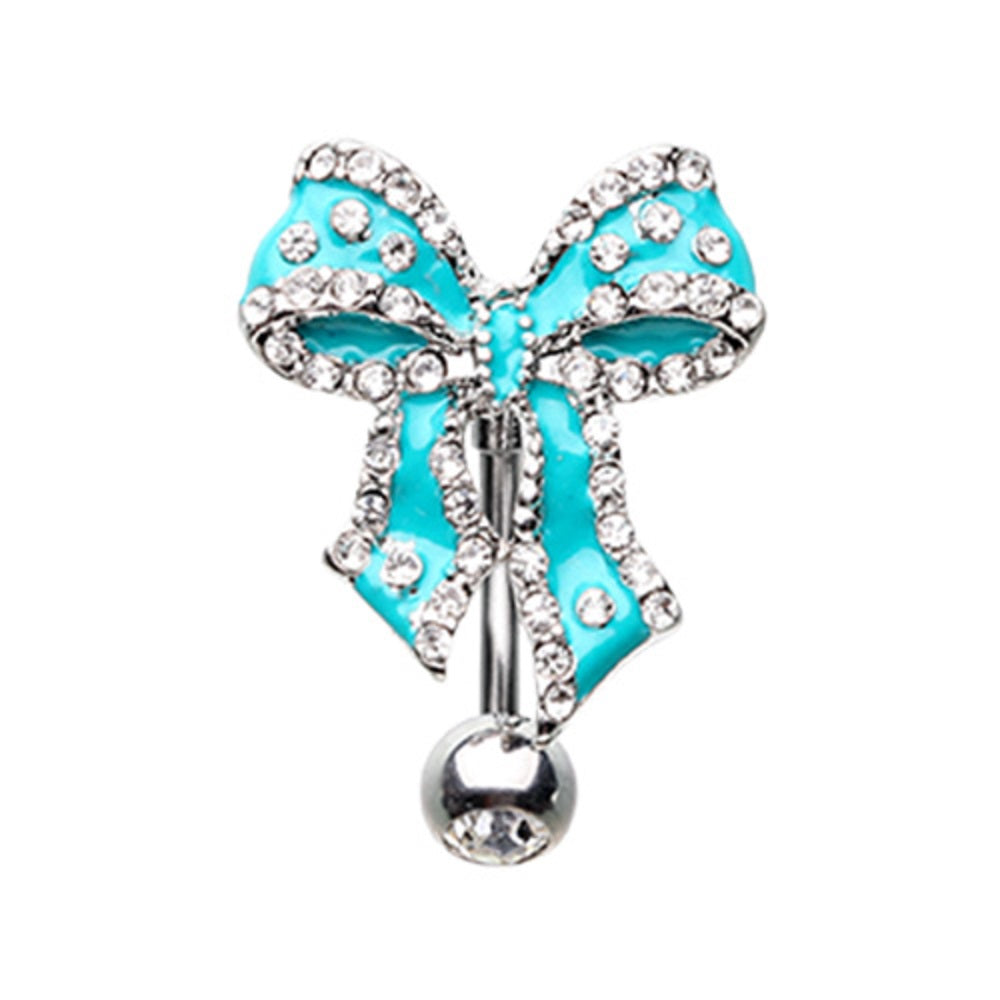 CZ Crystal Bow Tie Ribbon Reverse Belly Button Ring - Stainless Steel