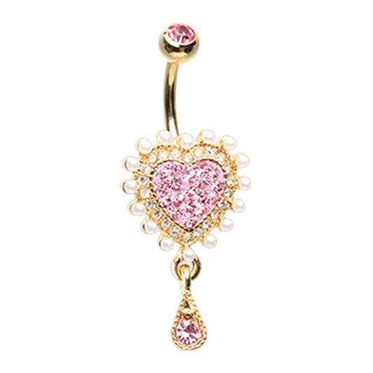 Gold Plated Pearl Outlined Pink Valentine Heart Belly Button Ring - Stainless Steel