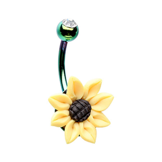 Green CZ Crystal Sunflower Belly Button Ring - Stainless Steel