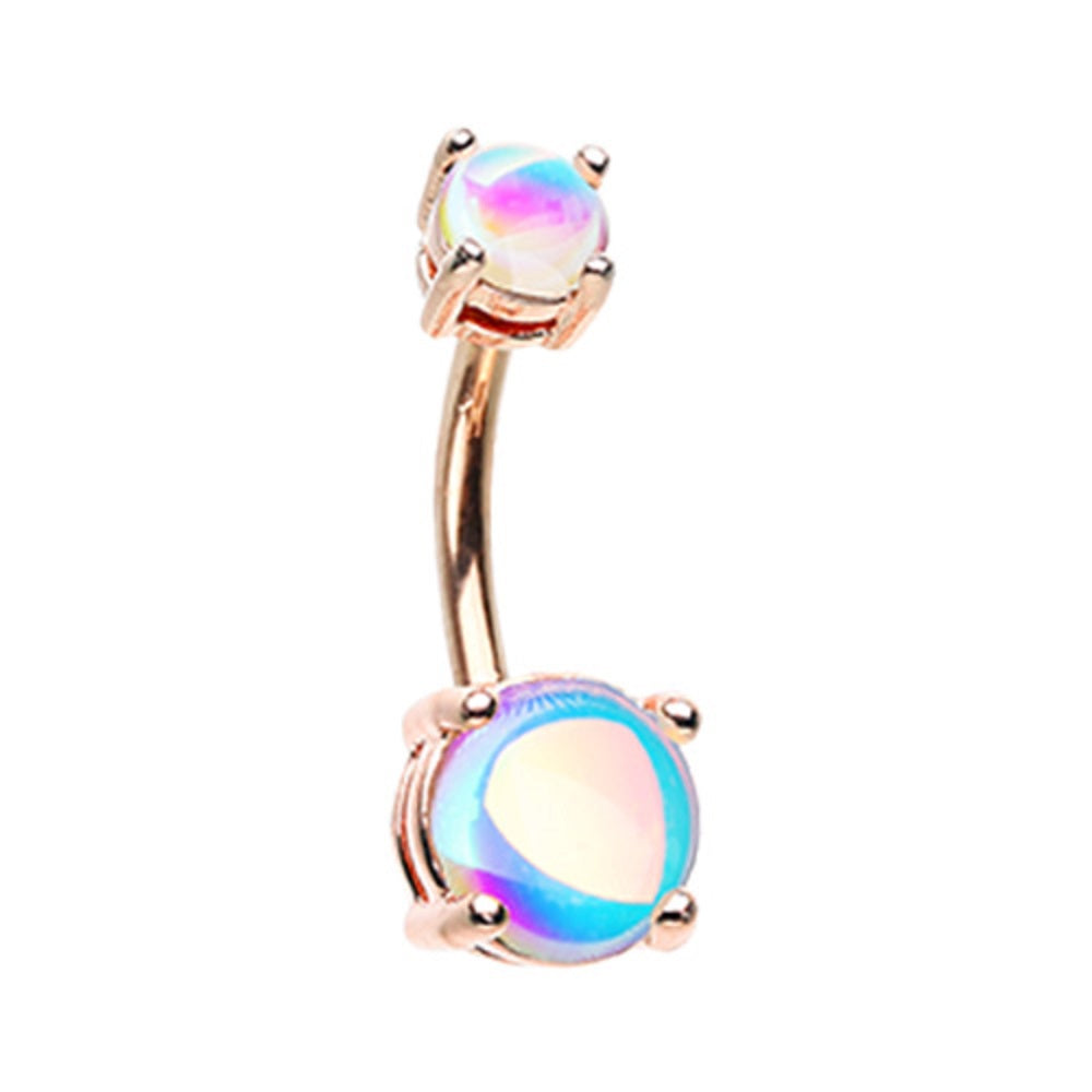 Rose Gold Plated Double Synthetic Moonstone Prong Set Belly Button Ring - Stainless Steel