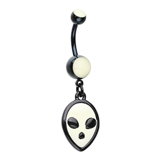 Black Alien Extraterrestrial Glow in the Dark Dangling Charm Belly Button Ring - Stainless Steel