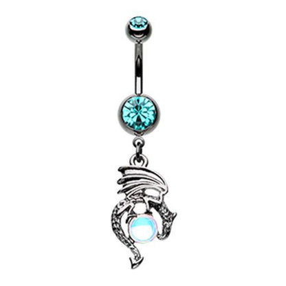 Aurora Borealis CZ Crystal Ball Dragon Dangle Belly Button Ring
 - Stainless Steel