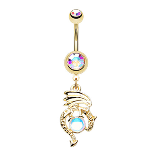 Aurora Borealis CZ Crystal Ball Dragon Dangle Belly Button Ring
 - Stainless Steel