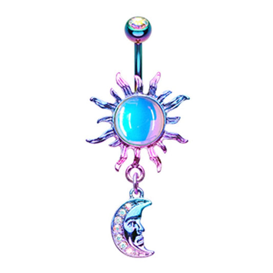 Aurora Borealis Celestial Sun and Moon Dangle Belly Button Ring - Stainless Steel