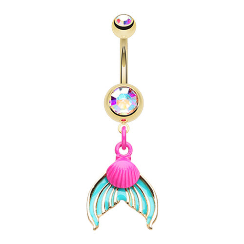 Aurora Borealis Mythical Mermaid Tail Dangle Belly Button Ring - Stainless Steel