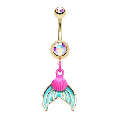 Aurora Borealis Mythical Mermaid Tail Dangle Belly Button Ring - Stainless Steel