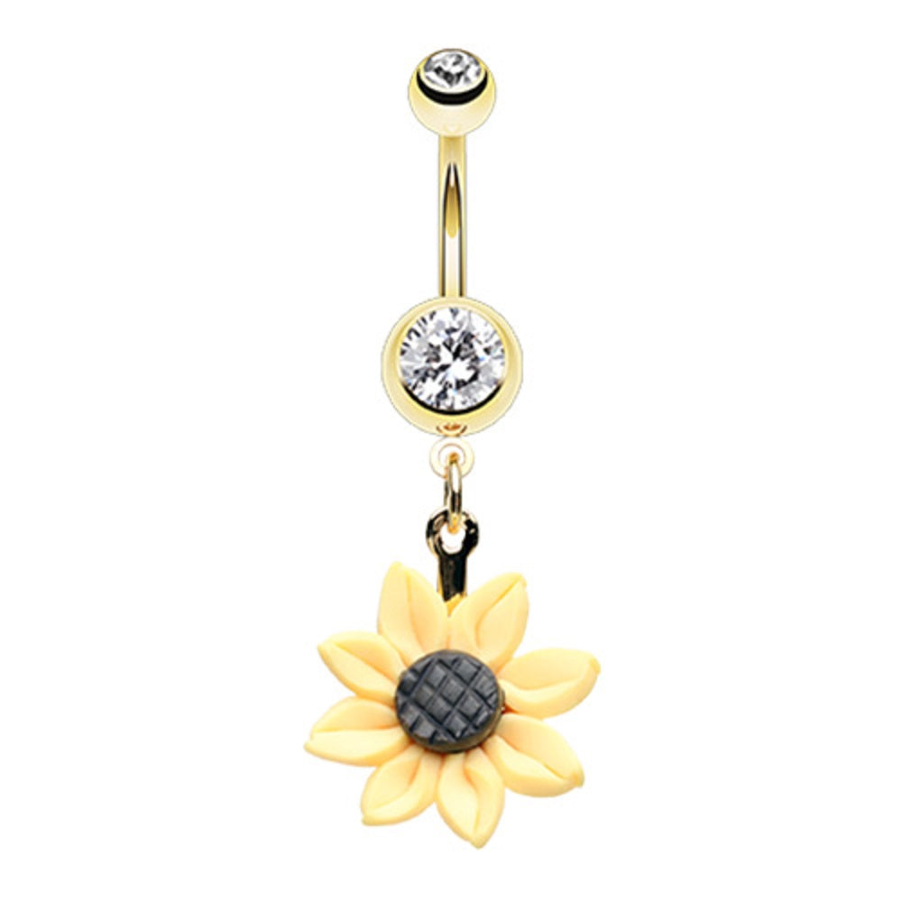 Golden Dangling Sunflower Charm Belly Button Ring - Stainless Steel
