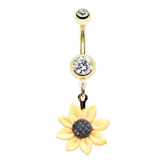 Golden Dangling Sunflower Charm Belly Button Ring - Stainless Steel