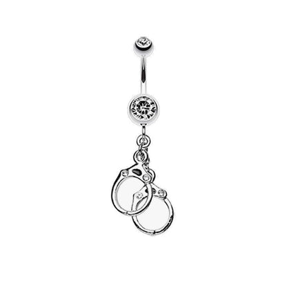 Dangling Handcuffs Sparkling Crystal Belly Button Ring - Stainless Steel