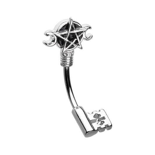 Curved Blackened Wiccan Pentagram Key Belly Button Ring - Stainless Steel