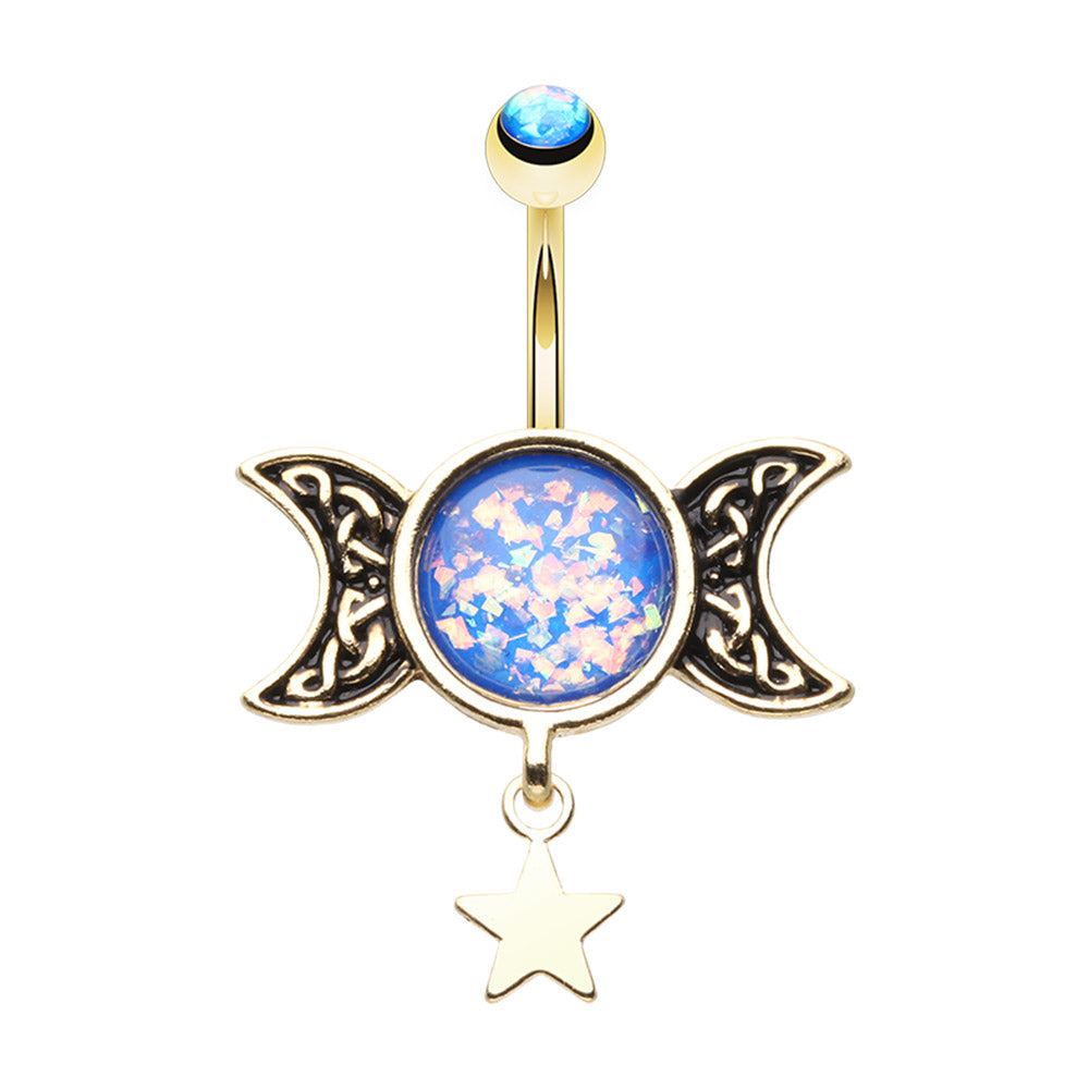 Gemmed Double Crescent Moons with Dangling Star Belly Button Ring - 316L Stainless Steel