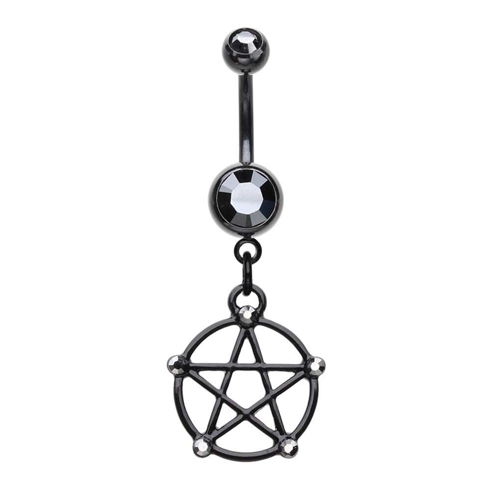 Black CZ Crystal Wiccan Pentagram Dangling Belly Button Ring - Stainless Steel