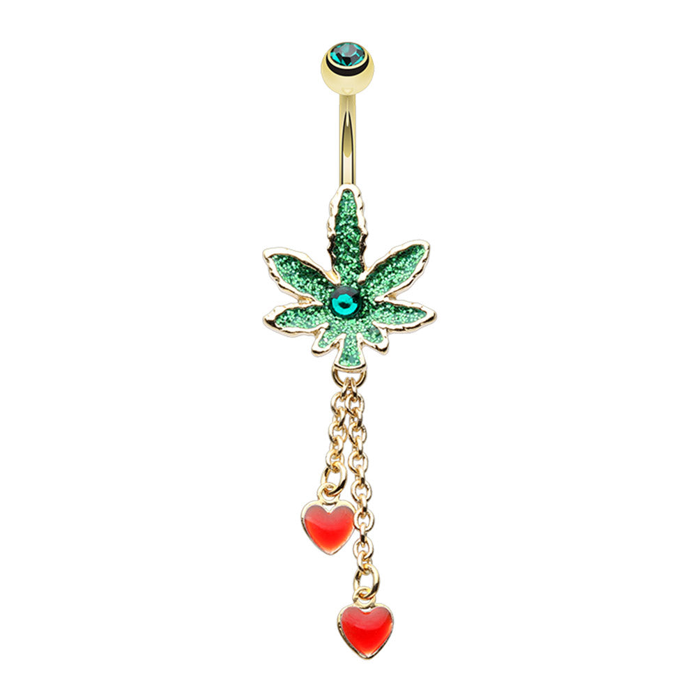 Green CZ Crystal Glitter Pot Leaf and Dangling Hearts Belly Button Ring - Gold Plated Stainless Steel