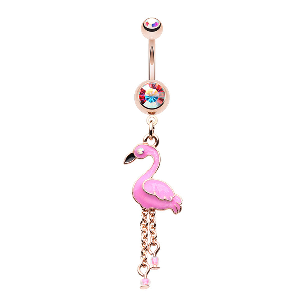 Rose Gold Plated CZ Crystal Pink Flamingo Dangling Belly Button Ring - Stainless Steel