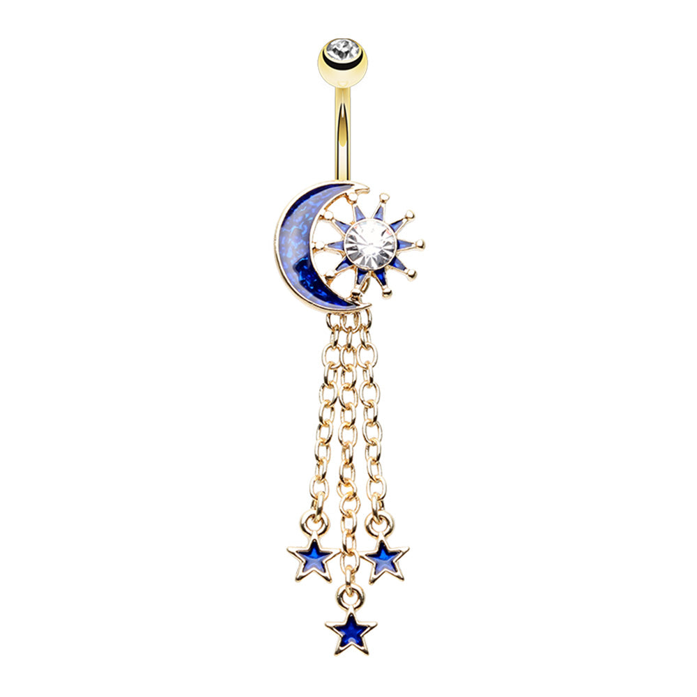 Blue Crescent Moon and CZ Crystal Sun with Dangling Stars Belly Button Ring - Gold Plated Stainless Steel