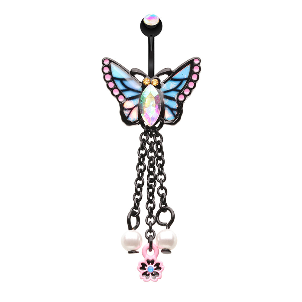 Black Illuminating Gemmed Butterfly and Dangling Chains Belly Button Ring - Stainless Steel