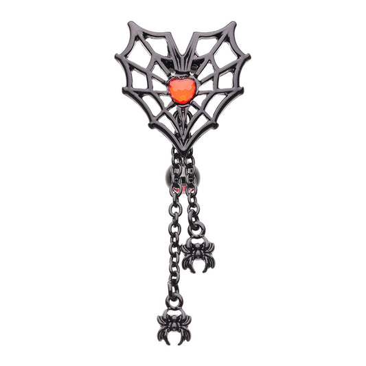 Black Reverse Top Down Spiderweb Heart Dangling Spiders Belly Button Ring - Stainless Steel