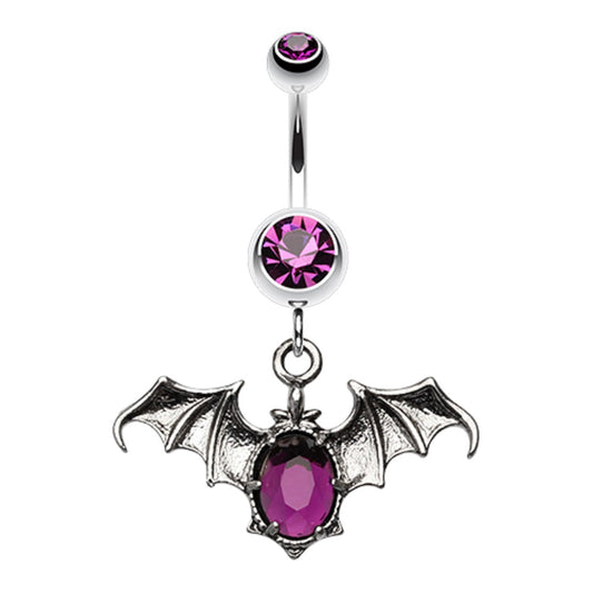 Gothic Zombie Vampire Bat with CZ Body Dangle Belly Button Ring - Stainless Steel