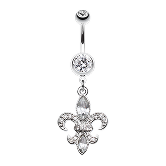 CZ Crystal Fleur De Lis Dangling Belly Button Ring - Stainless Steel