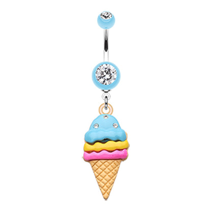 Triple Scoop CZ Crystal Ice Cream Cone Dangle Belly Button Ring - Stainless Steel