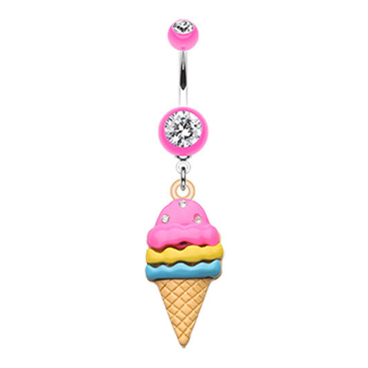 Triple Scoop CZ Crystal Ice Cream Cone Dangle Belly Button Ring - Stainless Steel