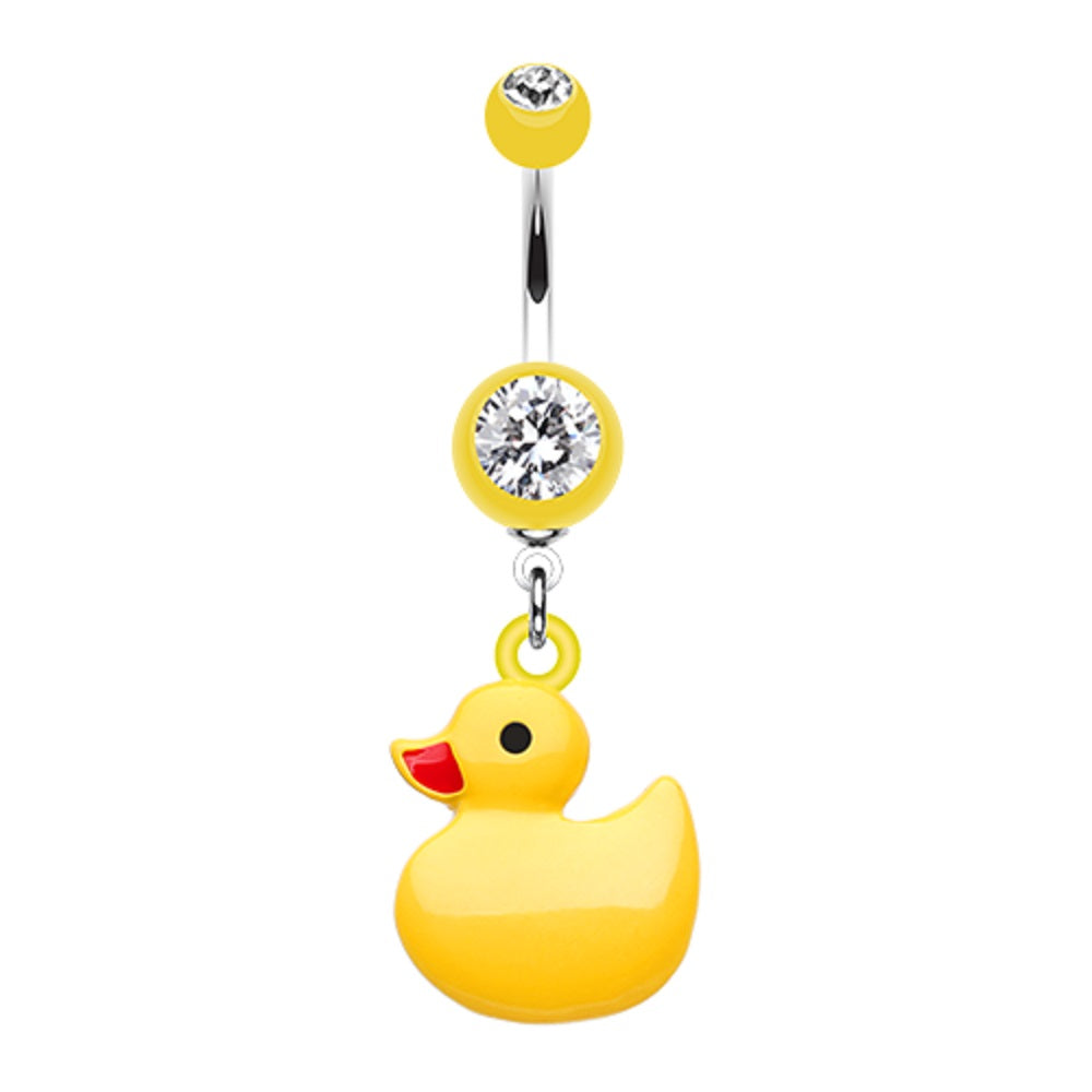 Classic Yellow Ducky Dangling Charm Belly Button Ring - Stainless Steel