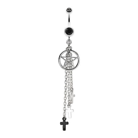 Pentagram Triple Cross Charm Dangles Belly Button Ring - 316L Stainless Steel