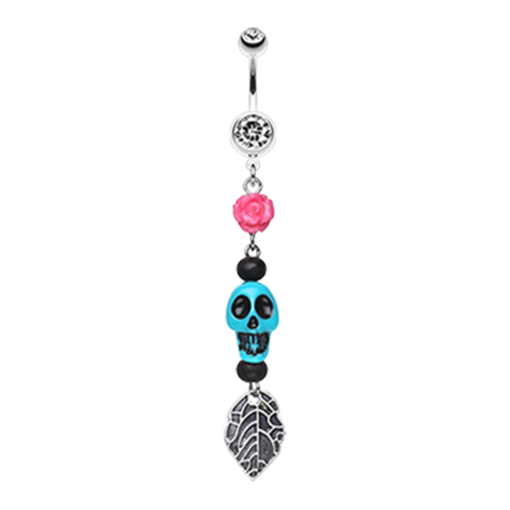 CZ Crystal Rose and Skull Dangling Belly Button Ring - Stainless Steel