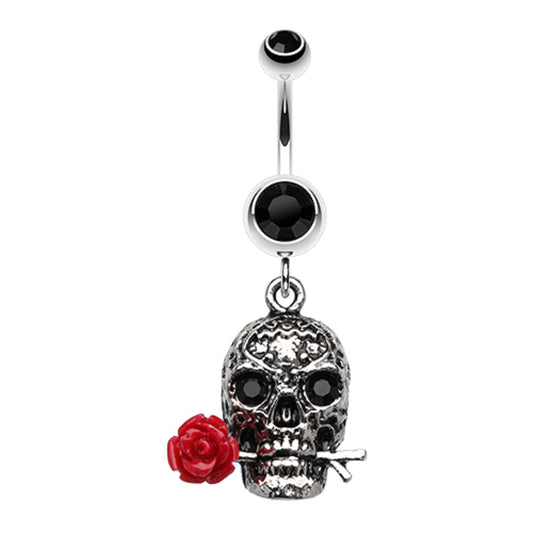 Calavera Skull with Red Rose Dangling Belly Button Ring - 316L Stainless Steel