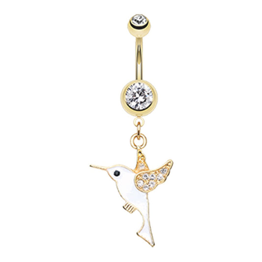 CZ Crystal Hummingbird Dangling Belly Button Ring - Gold Plated Stainless Steel