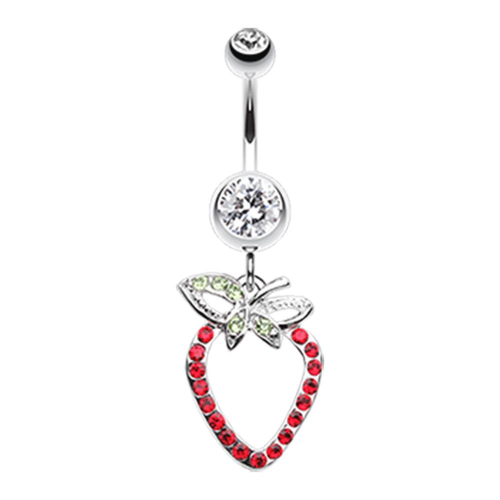 CZ Crystal Dangling Red Strawberry Outline Belly Button Ring - Stainless Steel