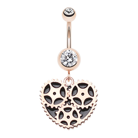 Rose Gold Plated CZ Crystal Geared Heart Belly Button Ring - Stainless Steel