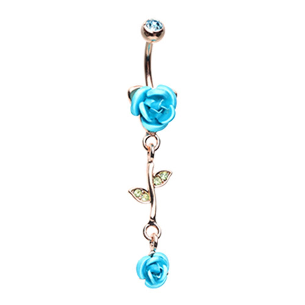 CZ Crystal Leaves and Vine Rose Flower Dangle Belly Button Navel Ring