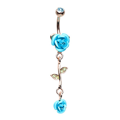 CZ Crystal Leaves and Vine Rose Flower Dangle Belly Button Navel Ring