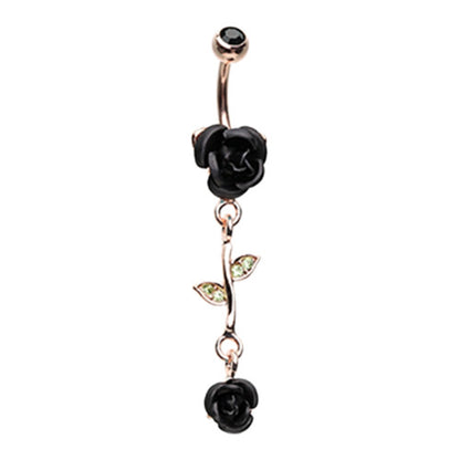 CZ Crystal Leaves and Vine Rose Flower Dangle Belly Button Navel Ring