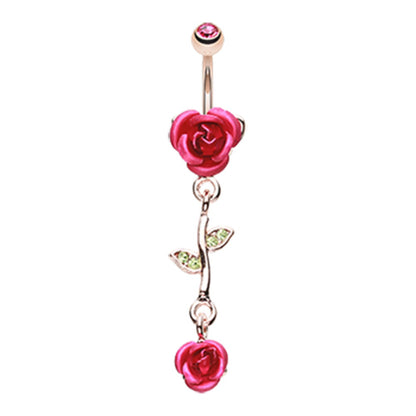 CZ Crystal Leaves and Vine Rose Flower Dangle Belly Button Navel Ring