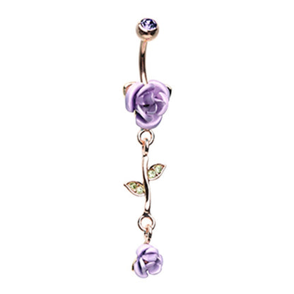 CZ Crystal Leaves and Vine Rose Flower Dangle Belly Button Navel Ring