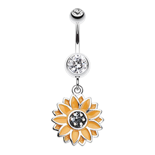 Clear CZ Crystal Summer Sunflower Dangle Belly Button Ring - Stainless Steel