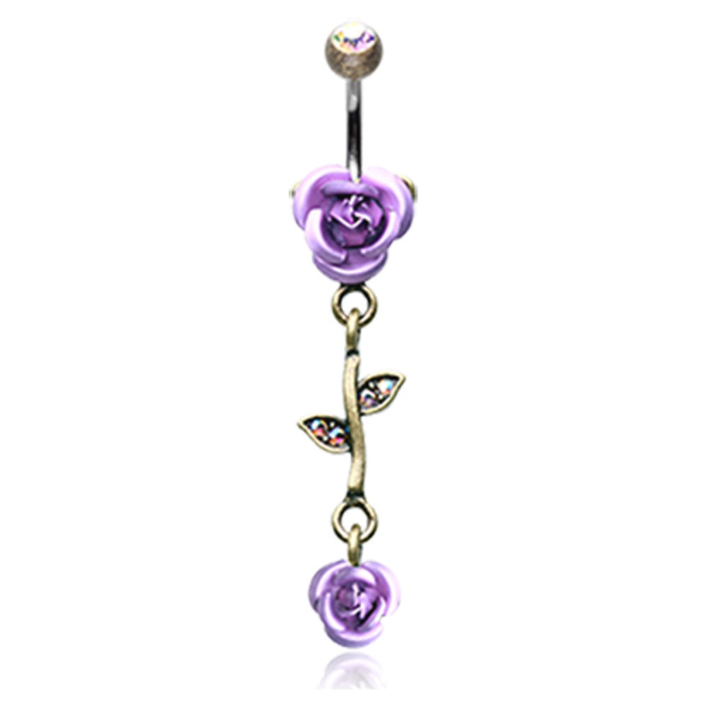 Burnished CZ Crystal Leaves and Vine Rose Flower Dangling Belly Button Ring - Stainless Steel