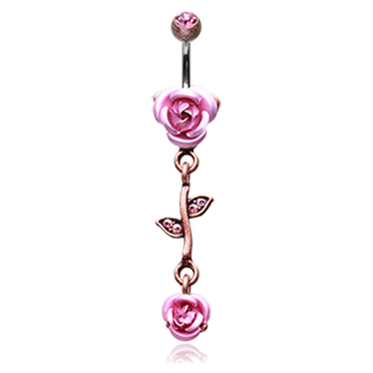 Burnished CZ Crystal Leaves and Vine Rose Flower Dangling Belly Button Ring - Stainless Steel