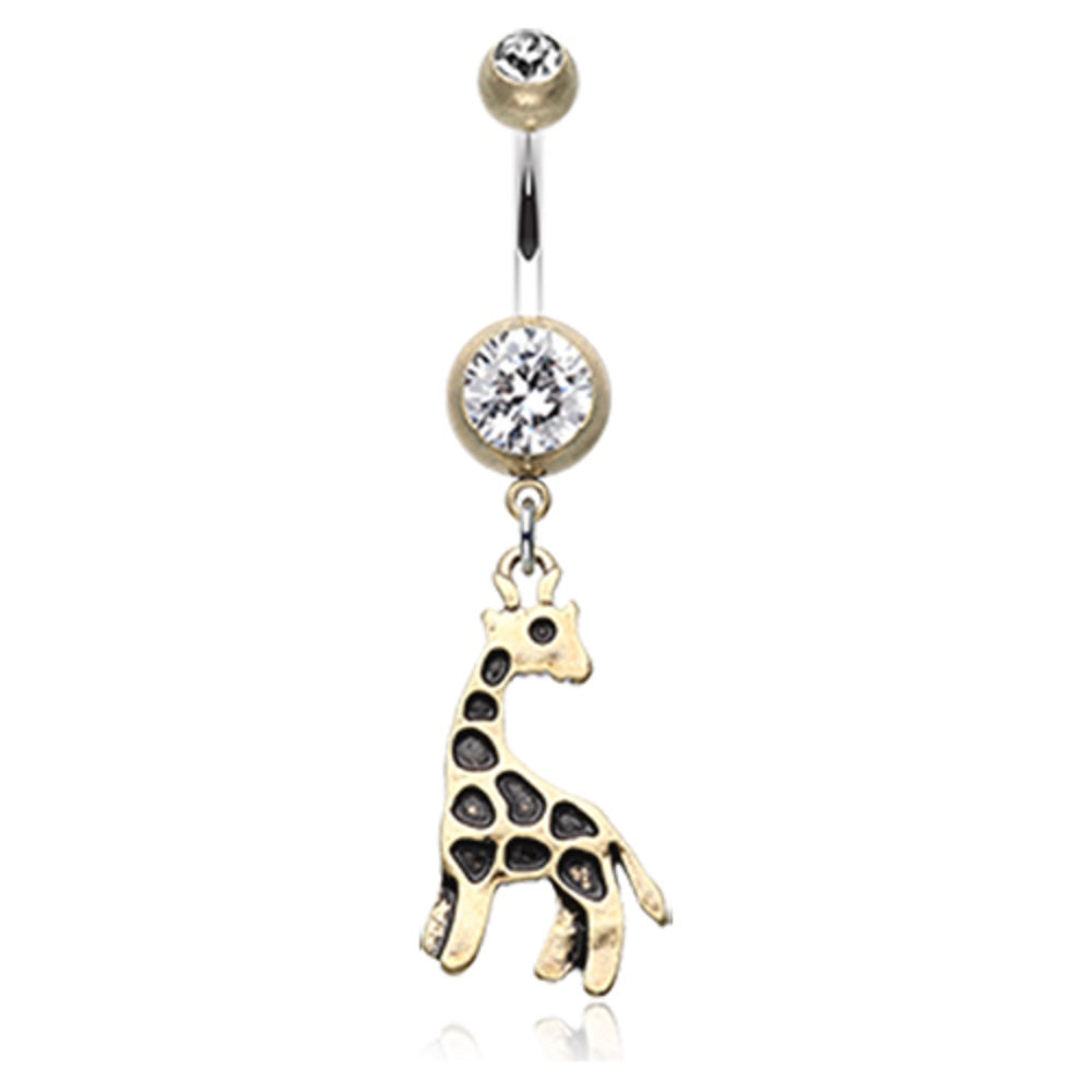 Clear CZ Crystal Vintage Boho Giraffe Dangle Belly Button Ring - Stainless Steel