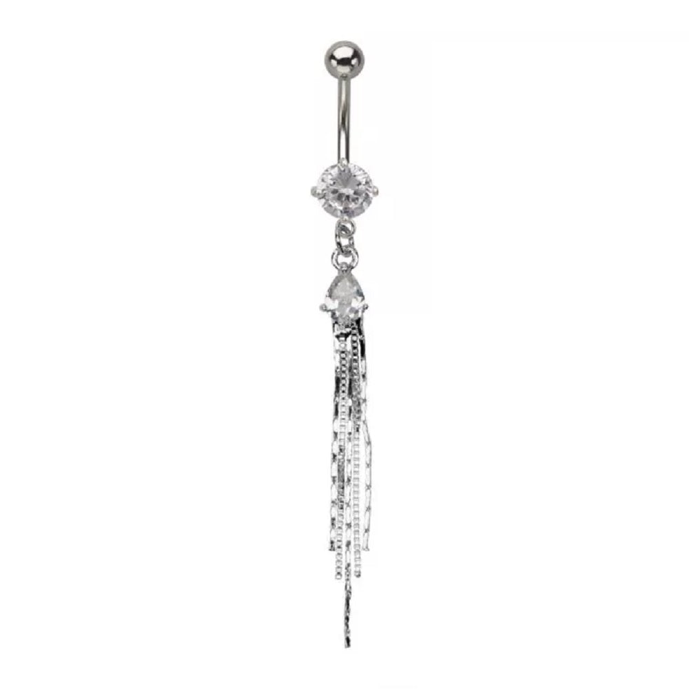 Clear Gem Drop Chain Dangle Belly Button Ring - 316L Surgical Steel