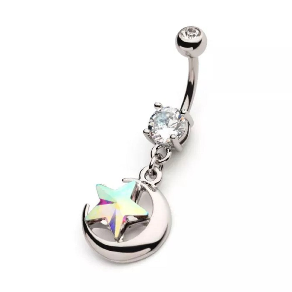 Crescent Moon and Aurora Borealis Crystal Star Dangling Belly Button Ring - 316L Stainless Steel