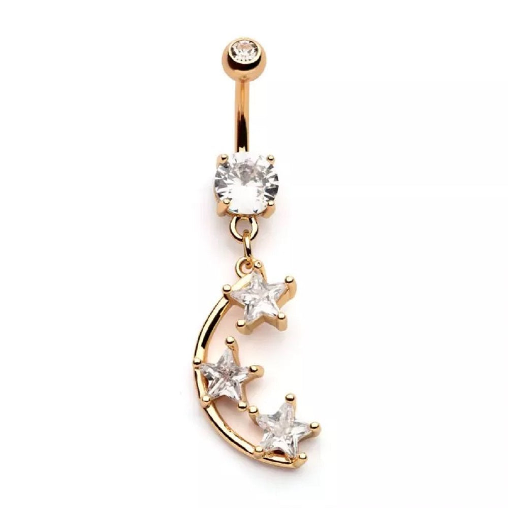 Gold Tone Triple Star Dangling Belly Button Ring - 316L Stainless Steel