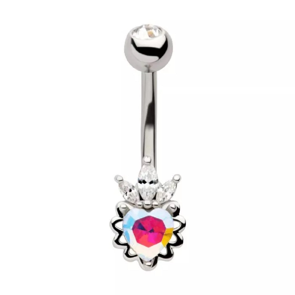 Aurora Borealis CZ Crystal Heart with Crown Marquise Belly Button Ring - 316L Stainless Steel