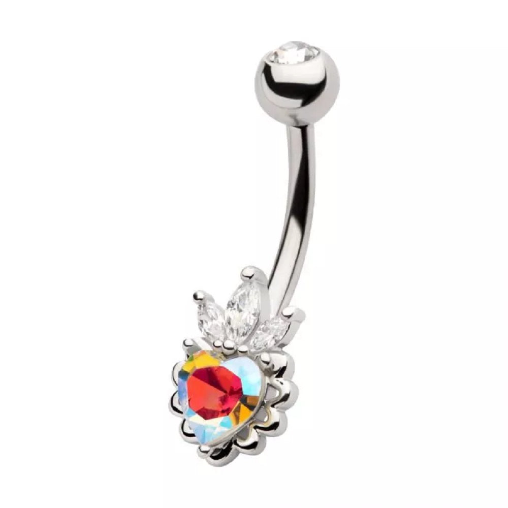 Aurora Borealis CZ Crystal Heart with Crown Marquise Belly Button Ring - 316L Stainless Steel