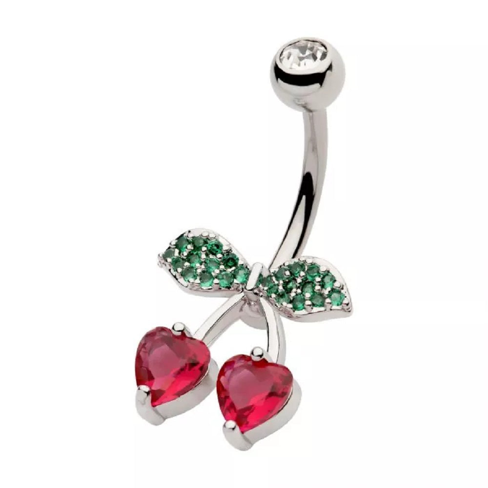 Red CZ Crystal Heart Shaped Cherry Belly Button Ring - 316L Stainless Steel