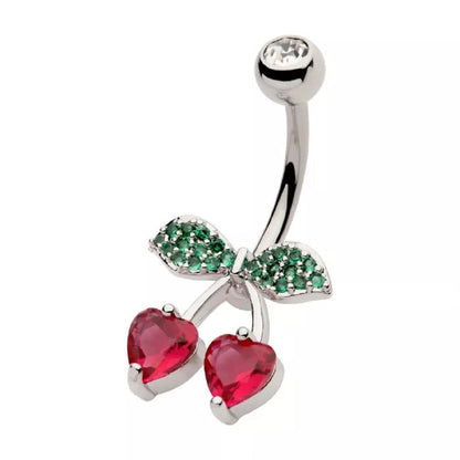 Red CZ Crystal Heart Shaped Cherry Belly Button Ring - 316L Stainless Steel